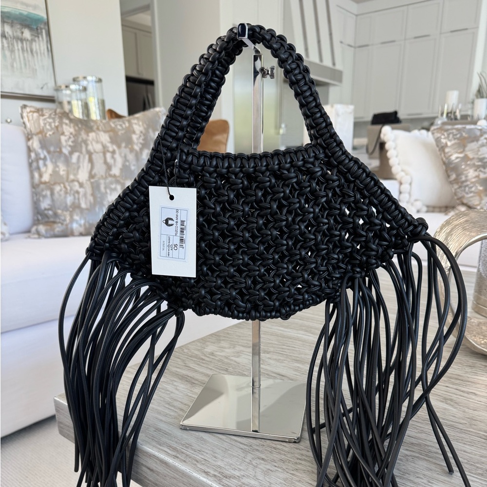 Yuzefi Mini Woven Black Basket Fringe Bag NWT